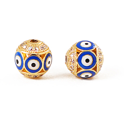 Blue Brass Micro Pave Clear Cubic Zirconia Beads, with Enamel, Golden, Round with Evil Eye, Blue, 10mm, Hole: 2mm