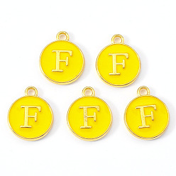 Letter F Golden Plated Alloy Enamel Charms, Enamelled Sequins, Flat Round with Letter, Gold, Letter.F, 14x12x2mm, Hole: 1.5mm