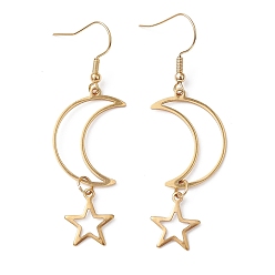 Oro Estrella hueca y luna 304 pendientes colgantes de acero inoxidable, pendientes largos para mujer, dorado, 60~62x17~17.5 mm