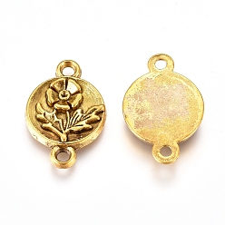 Antique Golden Tibetan Style Links/Connectors, Chandelier Components, Flat Round with Flower, Lead Free and Cadmium Free, Antique Golden, 17x11x2mm