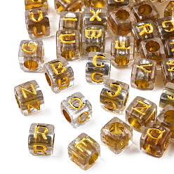 Vara de Oro Granos de acrílico de recubrimiento transparente, agujero horizontal, metales enlaced, estilo alfabeto, cubo con letra aleatoria a`z, vara de oro, 6x6x6 mm, agujero: 3.5 mm, Sobre 2900~3000 unidades / 500 g
