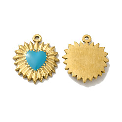 Turquoise Ion Plating(IP) 304 Stainless Steel Charms, with Enamel, Real 18K Gold Plated, Sun with Heart, Turquoise, 23x20x3mm, Hole: 1.4mm
