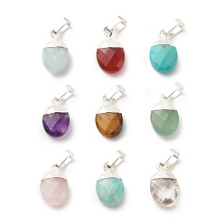 Mixed Stone Natural & Synthetic Gemstone Charms, with Silver Tone Brass Findings, Faceted, Cadmium Free & Lead Free, Oval, 14x8x5mm, Hole: 6x4mm