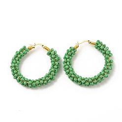 Green Glass Seed Beaded Hoop Earrings for Women, Real 18K Gold Plated Big Circle Brass Hoop Earrings, Green, 44x45x8.5mm, Pin: 1.4x0.4mm