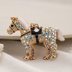 Cristal AB Porte-clés pendentif cheval en strass en alliage de dessin animé, avec émail et fermoir homard, pour la décoration de sac de voiture, cristal ab, 5.5x7 cm