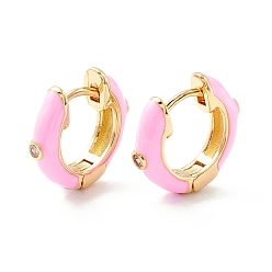Pink Clear Cubic Zirconia Chunky Hinged Hoop Earrings with Enamel, Brass Jewelry for Women, Cadmium Free & Nickel Free & Lead Free, Real 18K Gold Plated, Pink, 16x4mm, Pin: 1mm