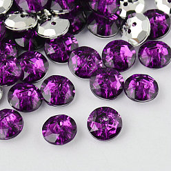 Фиолетовый 2-луночное акриловые стразы формой полкруглой кнопки, ограненная и посеребренная заостренная спина, фиолетовые, 10x4 мм, отверстие : 1 мм