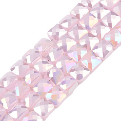 Pink Electroplate Opaque Solid Color Glass Beads Strands, AB Color Plated, Faceted, Square, Pink, 6x6x4.5mm, Hole: 1.2mm, about 95~98Pcs/strand, 24.41 inch(62cm)