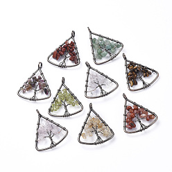 Mixed Stone Long-Lasting Plated Brass Pendants, Wire Wrapped Pendants, with Natural Mixed Gemstone Chips, Triangle with Tree, Red Copper, 39~40x30~31x4~8mm, Hole: 4.5mm