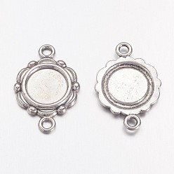 Antique Silver Tibetan Style Alloy Link Cabochon Bezel Settings, Cadmium Free & Lead Free, Antique Silver, Flat Round Tray: 9.5mm, 23x15x2mm, Hole: 2mm