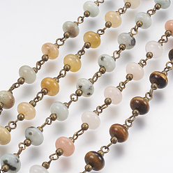 Mixed Stone Natural Gemstone Handmade Beaded Chain, Unwelded, with Iron Eye Pin and Iron Beads, Antique Bronze, 39.37 inch(1m)/strand