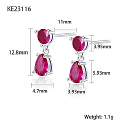 Medium Violet Red Cubic Zirconia Teardrop Dangle Stud Earrings, Platinum Rhodium Plated 925 Sterling Silver Earrings, Medium Violet Red, 12.8x3.93~4.7mm