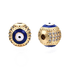 Mixed Color Brass Micro Pave Cubic Zirconia Beads, with Enamel, Real 18K Gold Plated, Round with Evil Eye, Nickel Free, Dark Blue, 10mm, Hole: 2mm