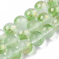 Lime Green Frosted Spray Painted Glass Beads Strands, with Golden Foil, Round, Lime Green, 10~11mm, Hole: 1.4~1.6mm, about 39~42pcs/Strand, 14.84 inch~15.27 inch(37.7~38.8cm)