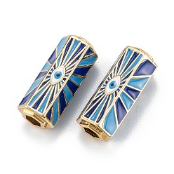 Sky Blue Real 18K Gold Plated Brass Tube Beads, with Enamel, Hexagon with Evil Eye, Sky Blue, 22x10x8.5mm, Hole: 4x4mm