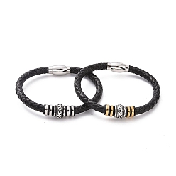 Mixed Color 304 Stainless Steel Column Beaded Bracelet with Magnetic Clasps, Black Leather Braided Cord Punk Wristband for Men Women, Mixed Color, 8-1/2 inch(21.5cm)