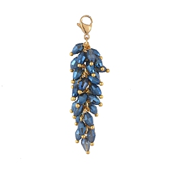 Blue Electroplate Glass Cluster Beads Pendants, with 304 Stainless Steel Lobster Claw Clasps, Golden, Blue, 60mm