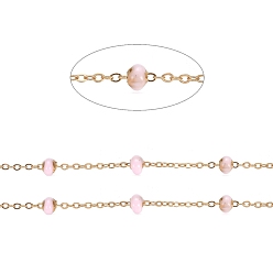 Pearl Pink Stainless Steel Satellite Chains, with Enamel Beads and Spool, Soldered, Long-Lasting Plated, Flat Round, Golden, Pearl Pink, 1.5x1.2x0.3mm, about 32.8 Feet(10m)/roll