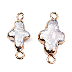 Light Gold Galvanoplastie galvanoplastie perle baroque naturelle keshi perle connecteur charmes, perle de culture d'eau douce, avec les accessoires en fer, croix, or et de lumière, 19.5~22x9~10x4~5mm, Trou: 1.8mm