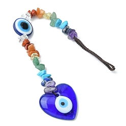 Heart Gemstone Chip Beaded Pendant Decorations, with Evil Eye Lampwork and Nylon Thread Hanging Ornaments, Heart, 225mm, Pendant: 180x35x8mm
