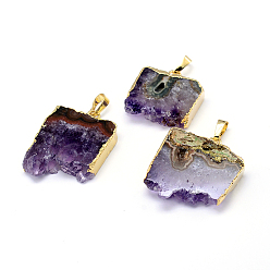 Golden Natural Drusy Amethyst Rectangle Pendants, with Plated Brass Finding, Golden, 24~42x22~35x6~7mm, Hole: 8x5mm
