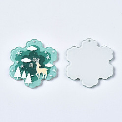 Pale Turquoise Transparent Printed Acrylic Pendants, Christmas, Snowflake with Christmas Reindeer, Pale Turquoise, 39.5x35.5x2.5mm, Hole: 1.6mm