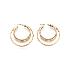 Golden 304 Stainless Steel Triple Hoop Earrings, Hypoallergenic Earrings, Multi-Layer Earrings, Textured, Ring, Golden, 40x38x7mm, Pin: 1mm