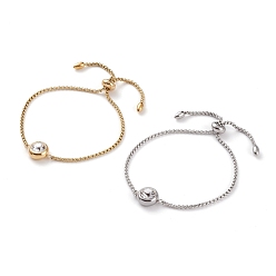Golden & Stainless Steel Color 304 Stainless Steel Bolo Bracelets, Slider Bracelets, with Crystal Rhinestone and Box Chains, Flat Round, Golden & Stainless Steel Color, Inner Diameter: 1/2~3 inch(1.2~7.5cm)