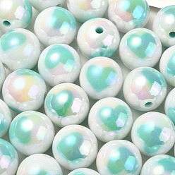 Medium Turquoise UV Plating Rainbow Iridescent Acrylic Beads, Round with Heart Pattern, Medium Turquoise, 16x15mm, Hole: 3mm