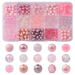 Pink 375pcs 15 styles de perles acryliques, ronde, rose, 7.5~8mm, Trou: 1.5~2mm, 25 pcs / style