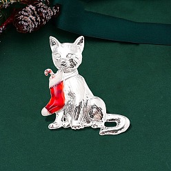 Cat Shape Broche esmaltado con tema navideño, insignia de aleación para ropa de mochila, forma de gato, 43x52 mm