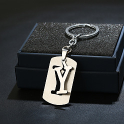 Letter Y 201 porte-clés en acier inoxydable, porte-clés étiquette de chien, avec porte-clés en fer plaqué platine, rectangle avec lettre fractionnée, letter.y, 10.5 cm
