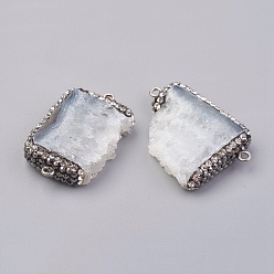 Quartz Crystal Natural Druzy Quartz Crystal Links Connectors, Rock Crystal, with Polymer Clay Rhinestone and Brass Findings, Rectangle, Platinum, 37~40x23~28x7.5~9mm, Hole: 2mm