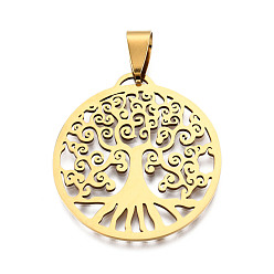 Golden 201 Stainless Steel Pendants, Flat Round with Tree, Golden, 32x29.5x1mm, Hole: 5x3mm