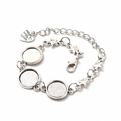 Antique Silver Alloy Bracelets & Anklets Making, Star Link Bracelet with Heart Charm, Blank Cabochon Setting, Antique Silver, 8-5/8 inch(21.8cm), Round Tray: 12mm