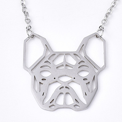 Stainless Steel Color 201 Stainless Steel Puppy Pendant Necklaces, with Cable Chains, Filigree Bulldog Head, Stainless Steel Color, 17.3 inch(44cm), 2mm, Bulldog: 29x28.5x1mm