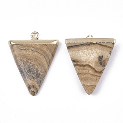 Picture Jasper Electroplate Natural Picture Jasper Pendants, with Iron Findings, Triangle, Golden, 30~34x23x5~5.5mm, Hole: 1.6mm