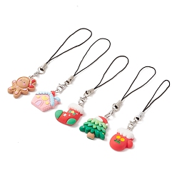Mixed Shapes Christmas Opaque Resin Mobile Straps, with Alloy Lobster Claw Clasps and Nylon Cord Mobile Accessories Decoration, Mixed Shapes, 0.9~0.11cm