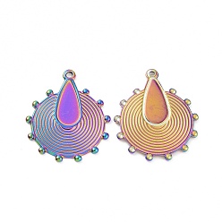 Rainbow Color Ion Plating(IP) 304 Stainless Steel Pendant Cabochons Settings, Flat Round, Rainbow Color, Tray: 18x8.5mm, 28.5x23.5x1mm, Hole: 1.5mm