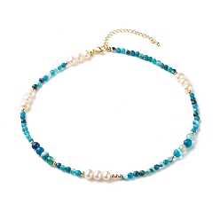 Bleu Ciel Foncé Collier de perles de perles naturelles, Collier rond de perles de reiki en agate rayée naturelle pour femme, or, bleu profond du ciel, 16 pouce (40.5 cm)