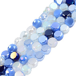 Cornflower Blue Electroplate Glass Beads Strands, Faceted, Flat Round, Cornflower Blue, 4x2.5mm, Hole: 0.9mm, about 99~101Pcs/strand, 14.45 inch~14.69 inch(36.7~37.3cm)