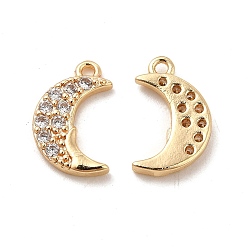 Real 14K Gold Plated Rack Plating Brass Micro Pave Clear Cubic Zirconia Pendants, Long-Lasting Plated, Cadmium Free & Lead Free, Moon Charm, Real 14K Gold Plated, 11.5x7x2mm, Hole: 1mm