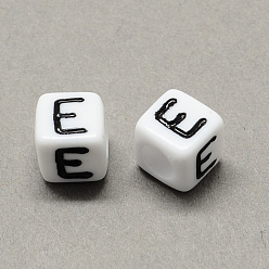 Letter E Grand trou acrylique lettre européenne perles, trou horizontal, blanc et noir, cube avec letter.e, 7~8x7~8x7~8mm, Trou: 4mm, environ1144 pcs / 500 g