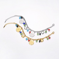 Mixed Color 304 Stainless Steel Charm Bracelets, with Evil Eye Beads and Lobster Claw Clasps, Flat Round with San Benito, Mixed Color, 177mm(7 inch)