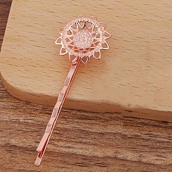 Rose Gold Iron Hair Bobby Pin Findings, with Brass Filigree Flower Cabochon Bezel Settings, Rose Gold, Flower: 20mm