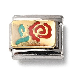 Flower Rectangle 304 Stainless Steel Enamel Connector Charms, DIY Handmade Module Bracelet Accessories, Stainless Steel Color, Flower, 9x10x4~6mm