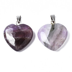 Amethyst Natural Amethyst Pendants, with Platinum Plated Brass Snap On Bails, Heart, 22~23x20~21x6mm, Hole: 7x2mm