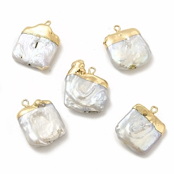 Light Gold Pendentifs baroques en perles de keshi naturelles, charmes carrés, avec des boucles de cuivre, or et de lumière, 23~25x18~23x7~8mm, Trou: 1.8mm