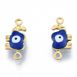Dark Blue 304 Stainless Steel Enamel Connector Charms, Real 18K Gold Plated, Elephant with Evil Eye, Dark Blue, 6.5x15x2.5mm, Hole: 1.2mm