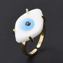 White Lampwork Oval with Evil Eye Open Cuff Ring, Real 18K Gold Plated Brass Lucky Jewelry for Women, Lead Free & Cadmium Free, White, US Size 6 1/4(16.7mm)